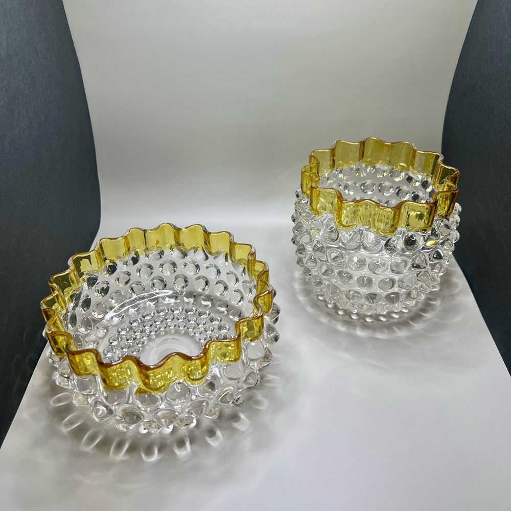 Hobbs Brockunier 323 Yellow Frances Dew Drop Hobnail Ware Yellow Edge| 2 Lots